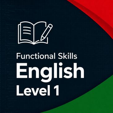 Functional Skills English Level 1 logo with book and pen icon.