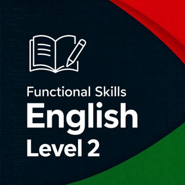 Functional Skills English Level 2 graphic with book and pen icon.