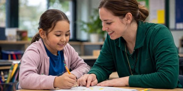 Teacher helping student with schoolwork.