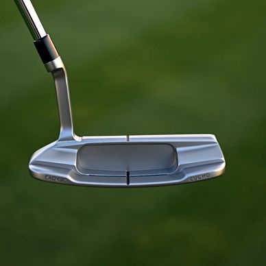 Close-up of a golf putter head against a green background.