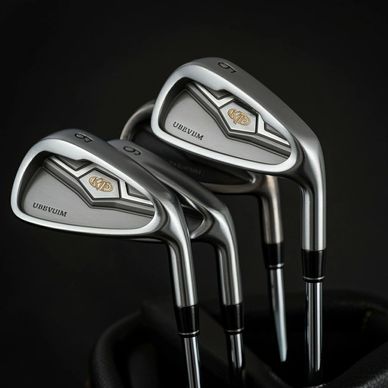 Close-up of shiny golf irons with a sleek metallic finish.