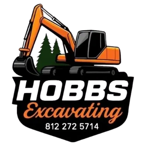 Logo of Hobbs Excavating with an orange excavator and pine trees.