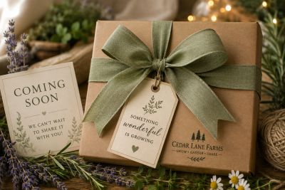 Gift box with green ribbon and "Coming Soon" sign.
