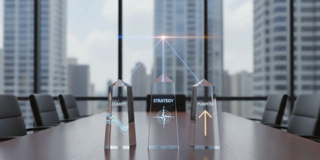 Three crystal pillars labeled Clarity, Strategy, and Purpose on a conference table.