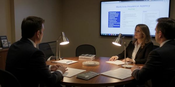 Three professionals in a meeting room discussing insurance at a round table.