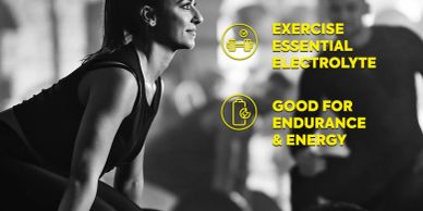 Woman exercising with electrolytes and endurance benefit text.