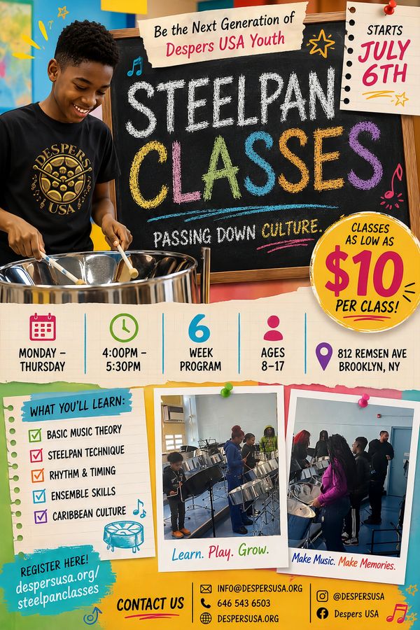Young boy playing steelpan, promoting Despers USA Youth steelpan classes.
