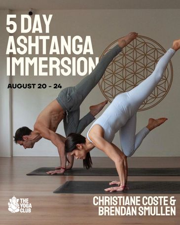 Two people practicing advanced yoga poses promoting a 5-day Ashtanga immersion.