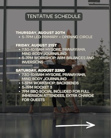 Yoga event schedule featuring workshops, pranayama, journaling, and social activities from August 20-22.