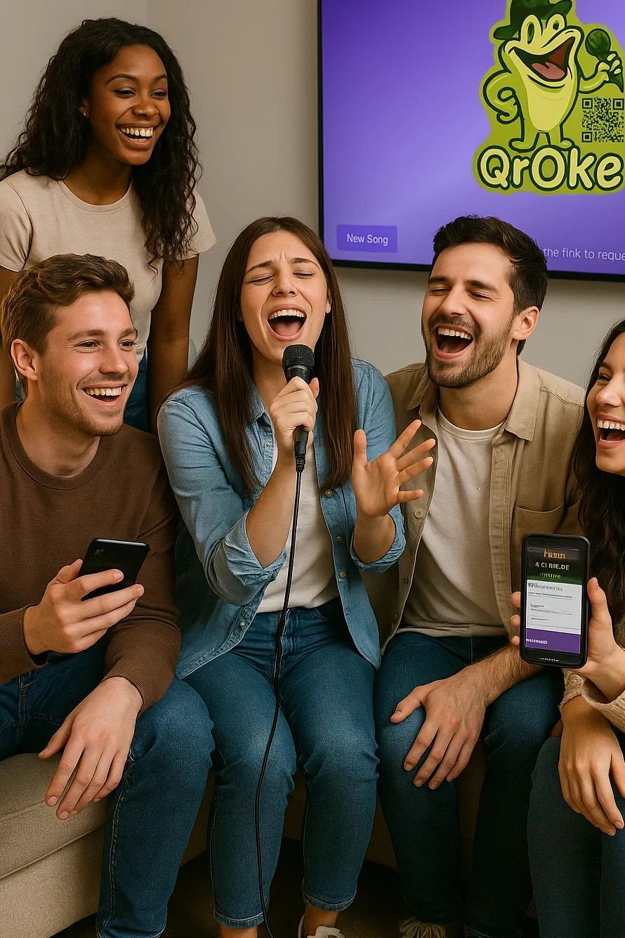 Group of friends enjoying karaoke night with smiles and laughter.