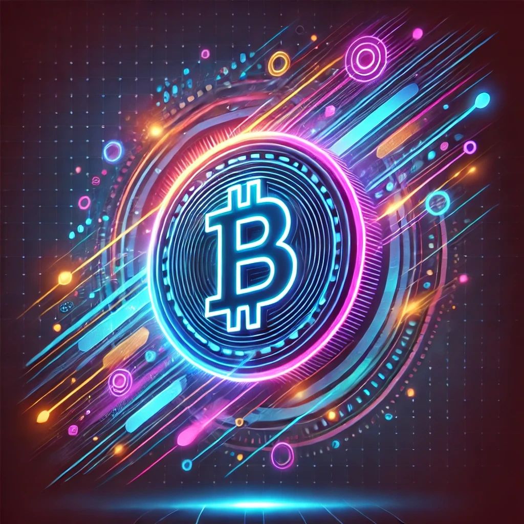 A vibrant, neon-themed illustration symbolising the fast-paced and dynamic world of cryptocurrency.