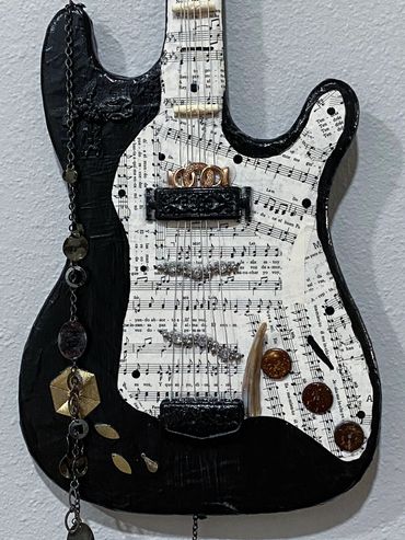 guitar fender stratocaster assemblage collage guitar art body close up detail