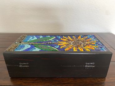 Sunflower Mosaic Box, side view, hinge