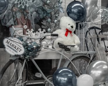 teddy bear, christmas, bicycle, balloons