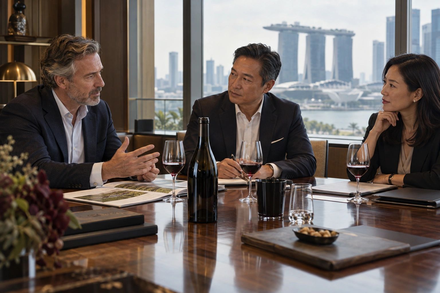 Three business professionals discussing with wine in an office overlooking city skyline.