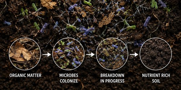 Decomposition process of organic matter into nutrient-rich soil.
