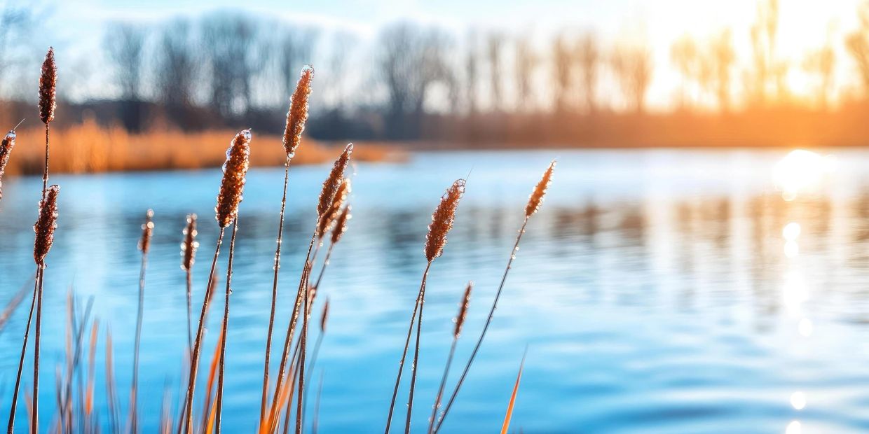 Sunlit reeds by a calm blue lake at sunset.