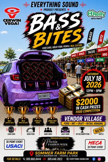 Bass &amp; Bites event featuring loud cars, food, and live entertainment on July 18, 2026.