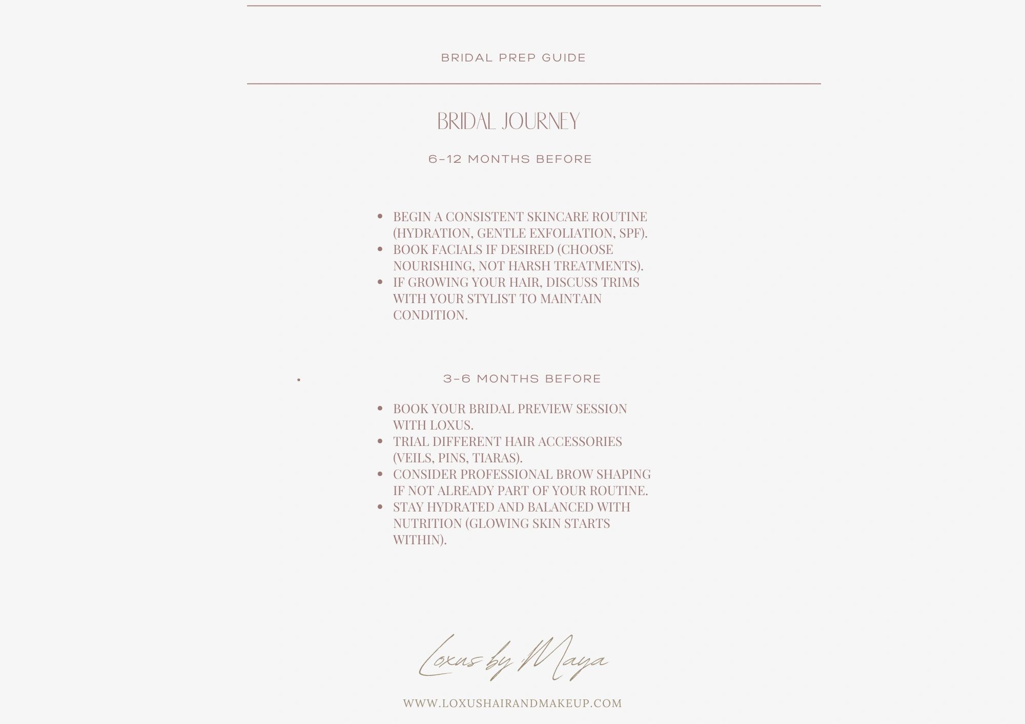 Bridal prep guide detailing skincare, hair, and makeup steps 6-12 and 3-6 months before the wedding.