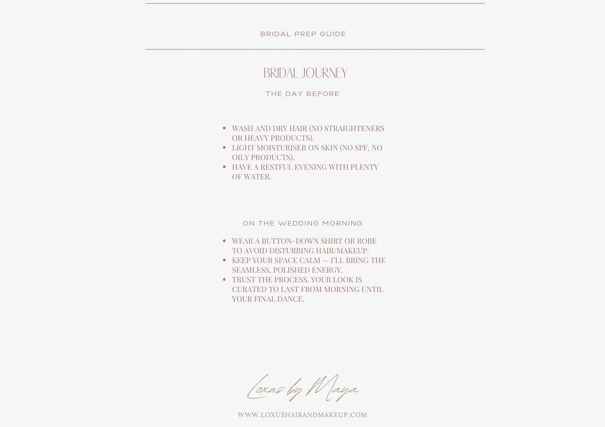 Bridal prep guide with hair and skincare tips the day before and on the wedding morning.