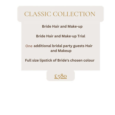Classic Collection bridal hair and makeup package details with pricing.