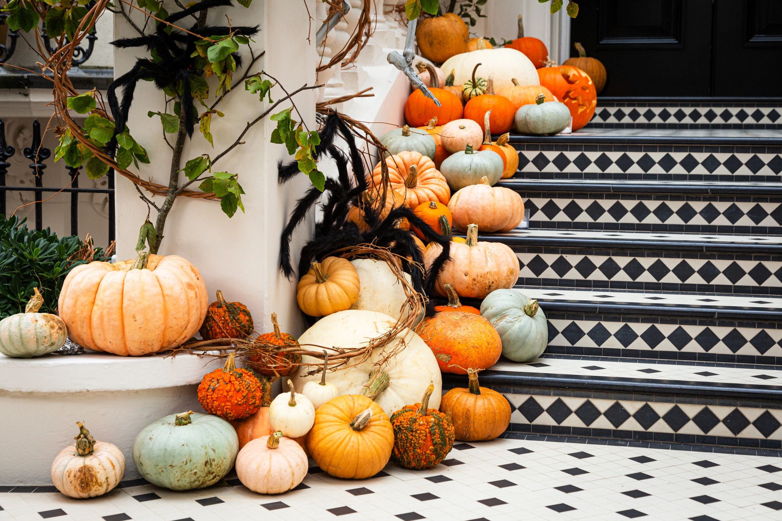 Colorful pumpkins decorate stairs with black and white tiles for Halloween.