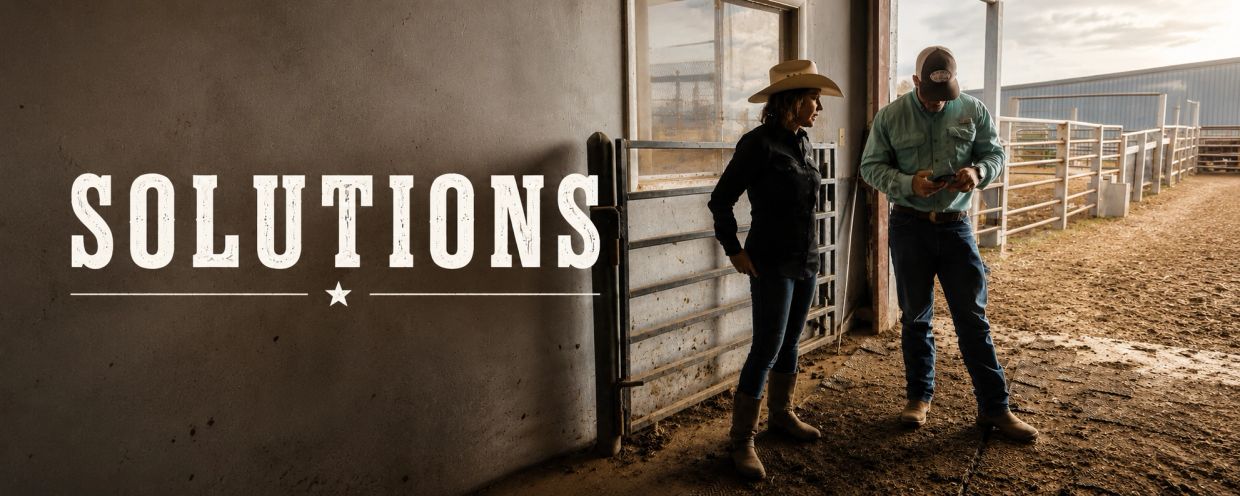 Two people in cowboy attire stand in a barn with the word 'SOLUTIONS' on the wall.