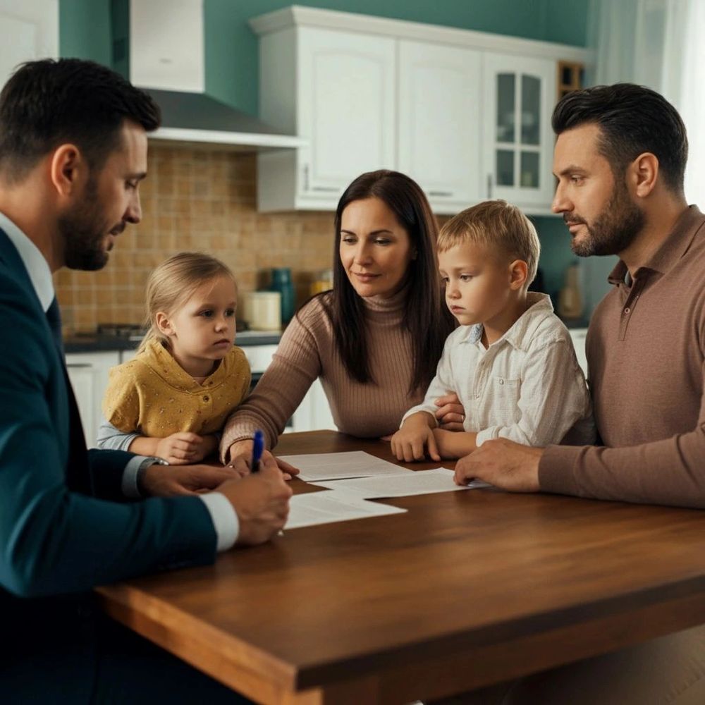 Family discussing documents with a professional at a kitchen table.