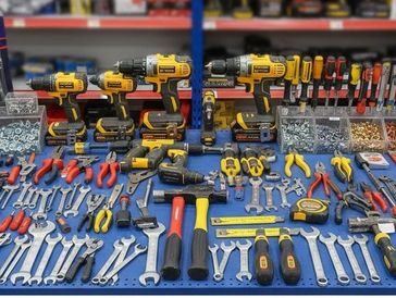 A variety of hand tools and power drills neatly arranged on a table.