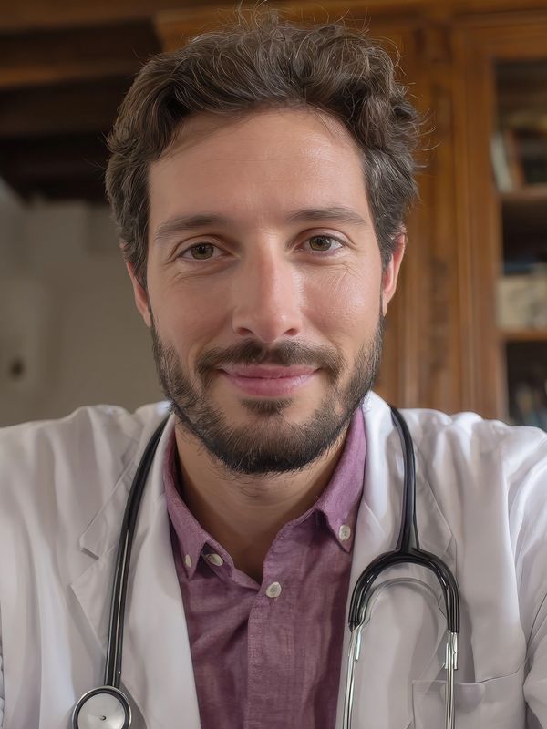 Smiling male doctor with stethoscope in a cozy office.