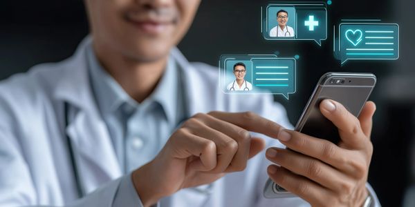 Persona usando un teléfono inteligente con fichas de salud digital flotando sobre la pantalla.
