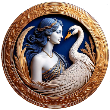 Elegant relief of a woman and swan in a golden circular frame.