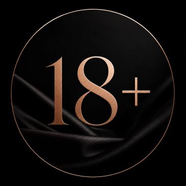 18+ age restriction symbol in rose gold on black.