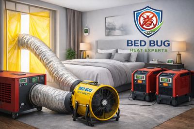 Professional bed bug heat treatment equipment set up in a bedroom.