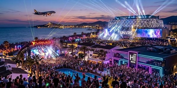 A vibrant outdoor music festival at dusk with a plane flying overhead.