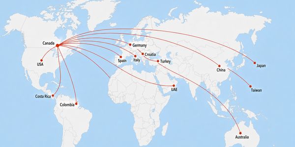 Map showing flight routes from Canada to various countries worldwide.