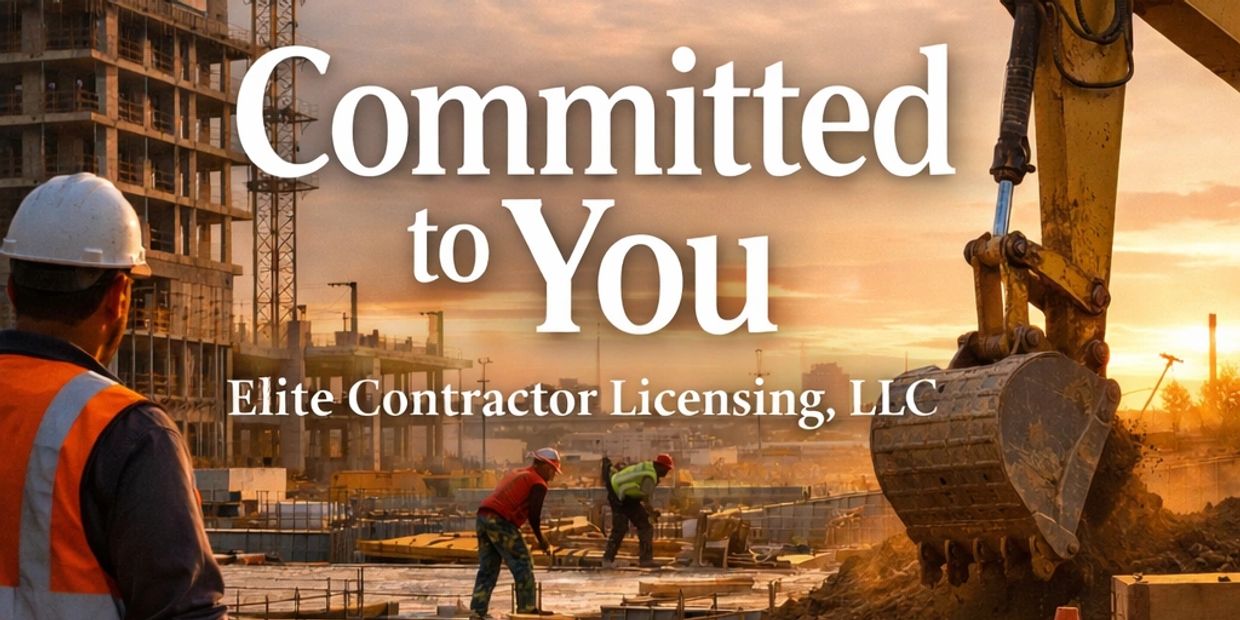 Construction workers at a site with text promoting Elite Contractor Licensing, LLC.