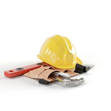 Yellow construction helmet with tools and a tool belt on white background.