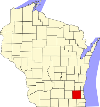 Map highlighting a specific county in Wisconsin in red.