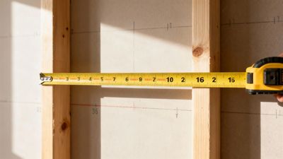 Measuring wooden studs with a tape measure during construction.