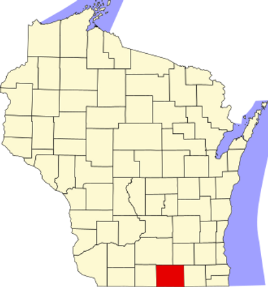 Map of Wisconsin highlighting a county in red.