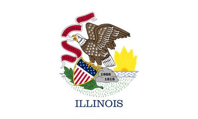 Illinois state emblem with eagle, shield, and sun.