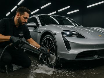 Man carefully washing a silver sports car's wheel indoors.