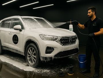 A man sprays foam on a white SUV during car detailing.