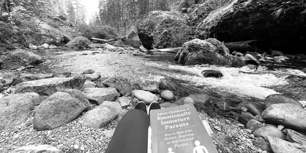 Person sitting by a rocky river holding a book.