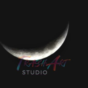 Crescent moon with Trash Art Studio text.