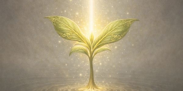 A glowing golden plant with ornate leaves illuminated by radiant light.
