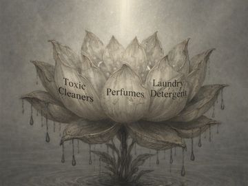 Lotus flower labeled with 'Toxic Cleaners,' 'Perfumes,' and 'Laundry Detergent' dripping liquid.