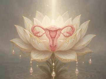 A uterus illustrated within a glowing lotus flower with pearl accents.