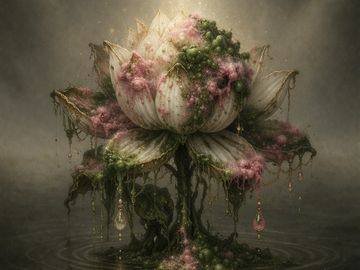 A surreal lotus flower covered in moss and dripping with colorful droplets.